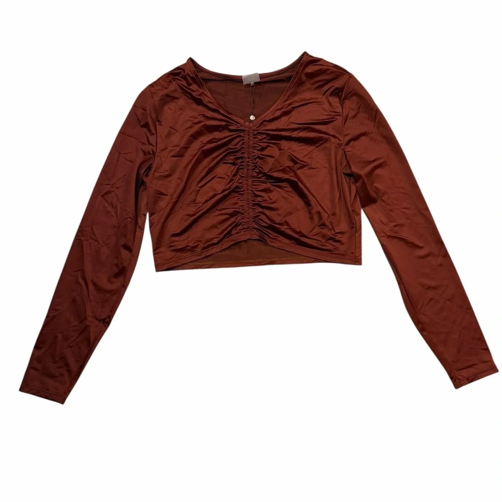 CALIA Women's Long Sleeve Ruched Swim Rash Guard Rust Lycra Shirt UPF 50 Brown